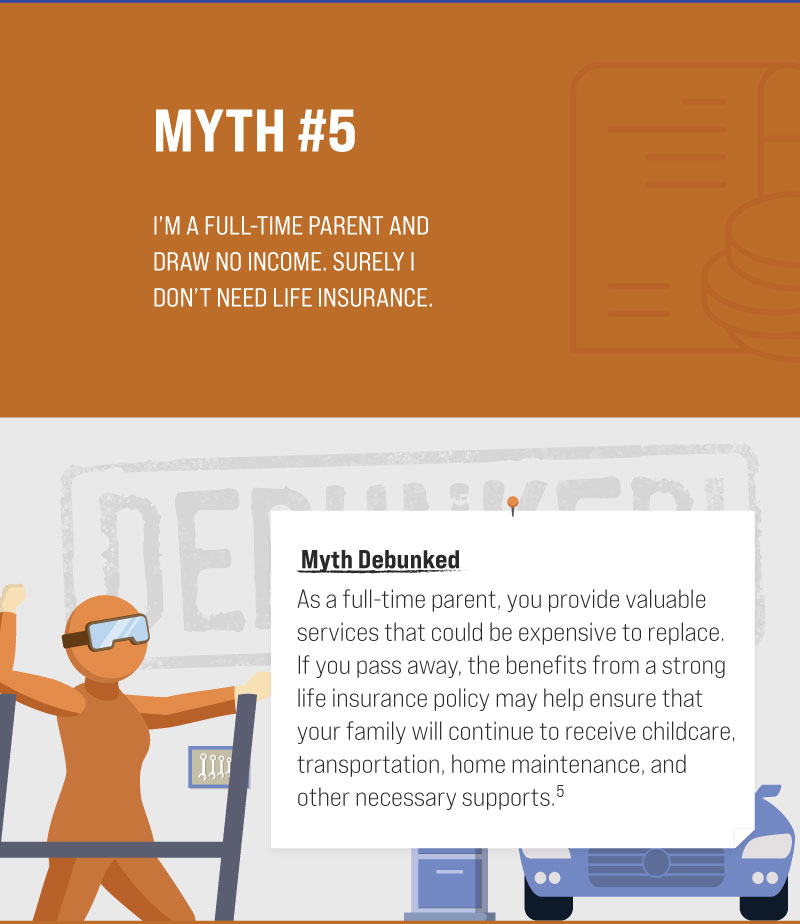 Myth #5: I’m a full-time parent and draw no income. Surely I don’t need life insurance. Myth Debunked. As a full-time parent, you provide valuable services that could be expensive to replace. If you pass away, the benefits from a strong life insurance policy may help ensure that your family will continue to receive childcare, transportation, home maintenance, and other necessary supports. (5)