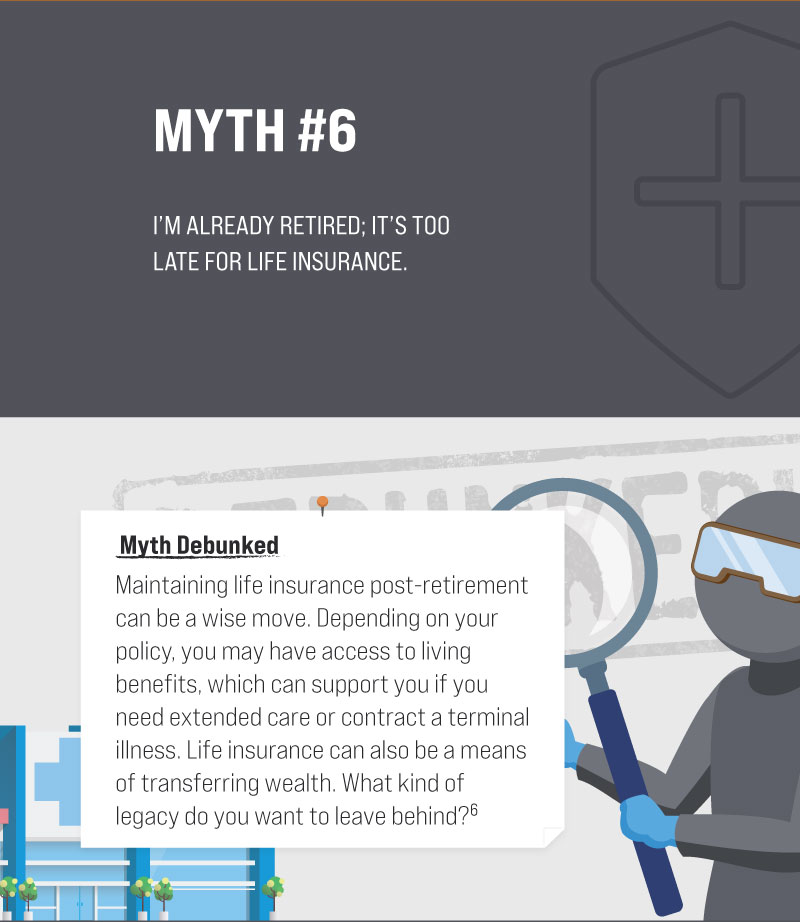 Myth #6: I’m already retired; it’s too late for life insurance. Myth Debunked. Maintaining life insurance post-retirement can be a wise move. Depending on your policy, you may have access to living benefits, which can support you if you need extended care or contract a terminal illness. Life insurance can also be a means of transferring wealth. What kind of legacy do you want to leave behind? (6)