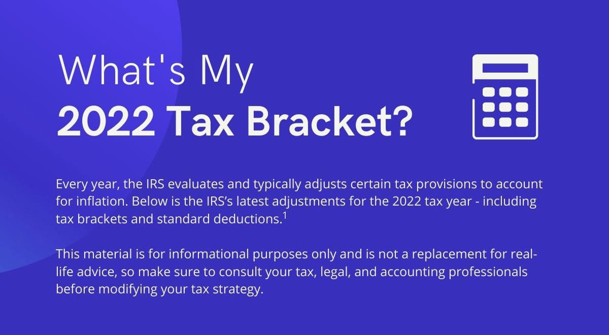 What's my 2022 Tax Bracket? Every year, the IRS evaluates and typically adjusts certain tax provisions to account for inflation. Below is the IRS’s latest adjustments for the 2022 tax year - including tax brackets and standard deductions. This material is for informational purposes only and is not a replacement for real-life advice, so make sure to consult your tax, legal, and accounting professionals before modifying your tax strategy.